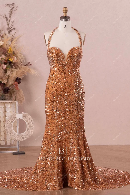 Fantastic Offers Gold Sparkly Halter Sweetheart Sequin Prom Evening Dress
