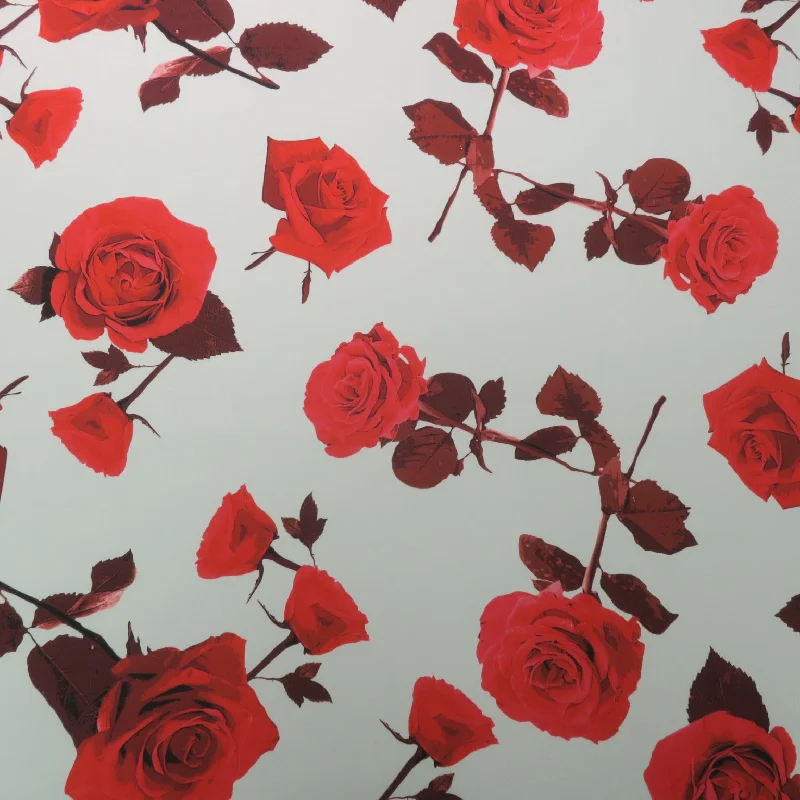 Stock Clearance Red Roses on White Background Printed Polyester Mikado Fabric