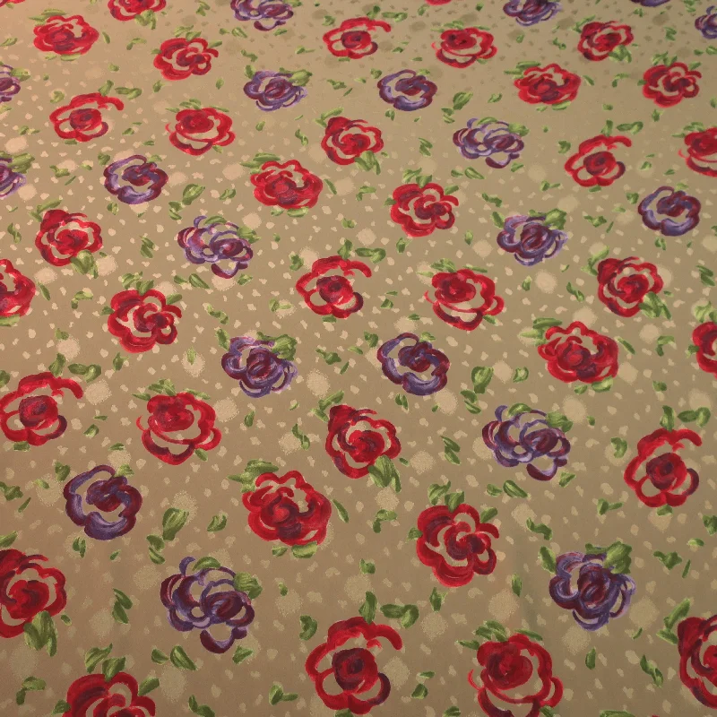 Epic Deals Red and Purple Gandini Floral on a Cream Background Printed Silk Charmeuse Fabric Epic Deals Red and Purple Gandini Floral on a Cream Background Printed Silk Charmeuse Fabric