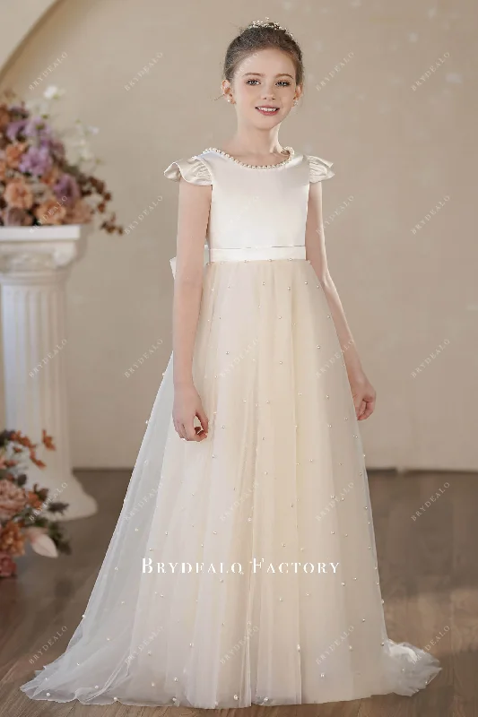 Final Clearance Ready To Ship | Elegant Cap Sleeve Satin Pearl Tulle Flower Girl Dress Final Clearance Ready To Ship | Elegant Cap Sleeve Satin Pearl Tulle Flower Girl Dress