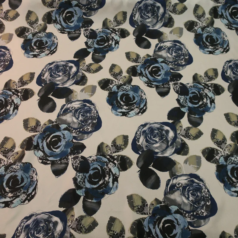 Extra Savings Blue Floral with an Ivory Background Background Printed Silk Charmeuse Fabric Extra Savings Blue Floral with an Ivory Background Background Printed Silk Charmeuse Fabric