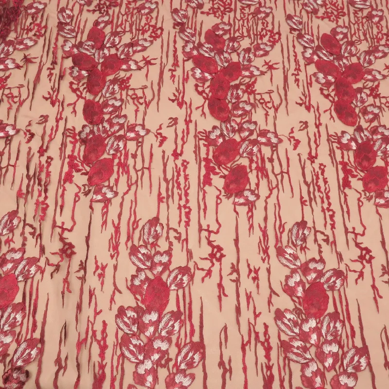 Fantastic Deals Wine Floral Abstract Embroidered Tulle Fabric