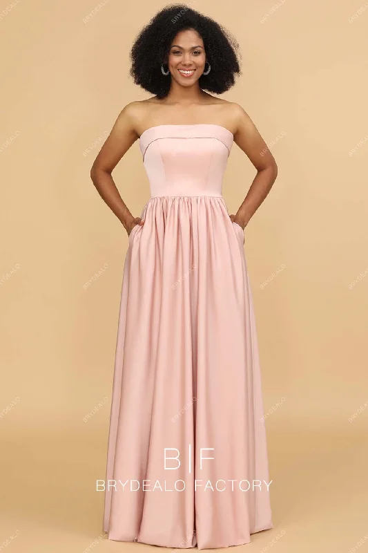YEAR-End Sale Rose Gold Strapless A-line Pockets Satin Evening Bridesmaid Dress