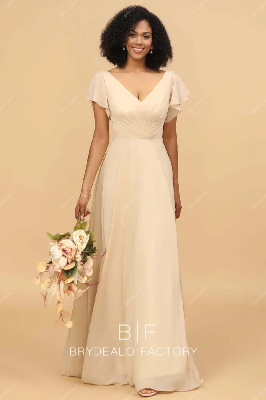 Can't Be Beat Champagne Chiffon Slit Flutter Sleeves V-neck Floor Length Bridesmaid Dress Can't Be Beat Champagne Chiffon Slit Flutter Sleeves V-neck Floor Length Bridesmaid Dress