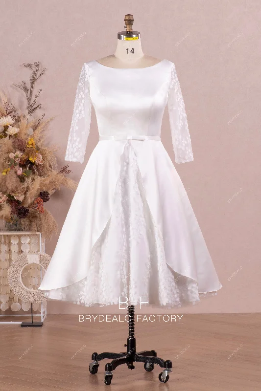 Buy More, Save More Elegant Satin Bateau Neck 3/4 Sleeves Lace Short Bridal Dress