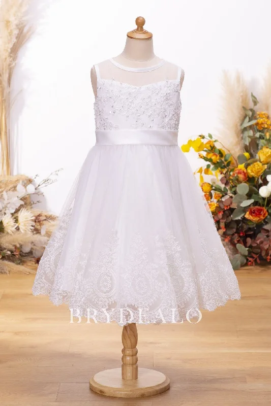 Limited Time Sequined Lace Tea Length Bows Flower Girl Dress