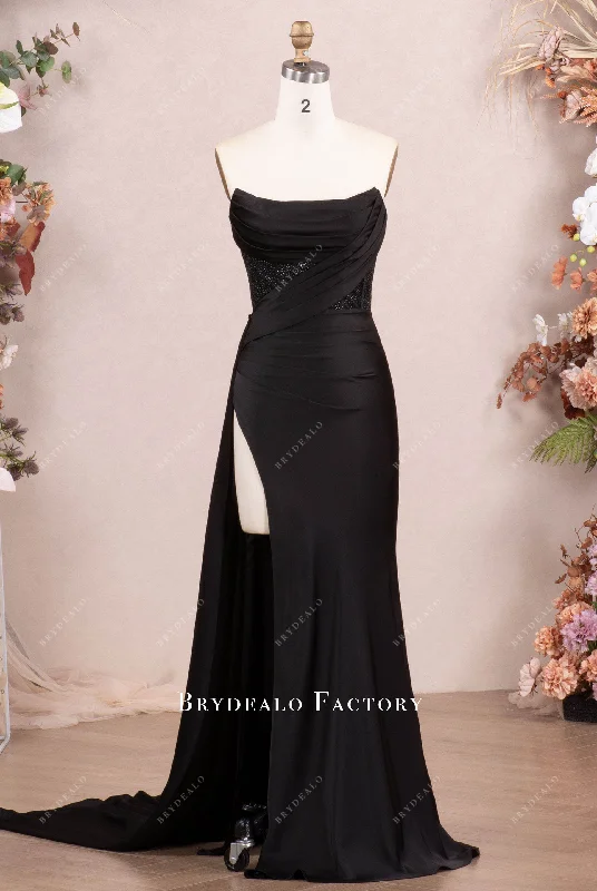 Midnight Madness Black Strapless Curve Neck Jersey Satin Prom Evening Dress