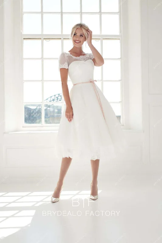 Big Savings Short Sleeves Cute Illusion Neck Dot Lace Tea Length City Bridal Dress