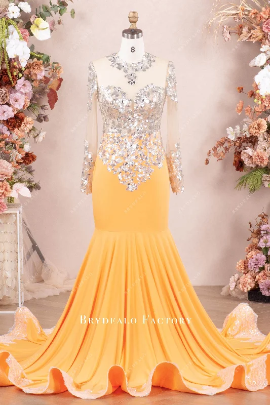 Limited Time Offer Orange Jersey Silver Sequin Sleeve Mermaid Prom Dress