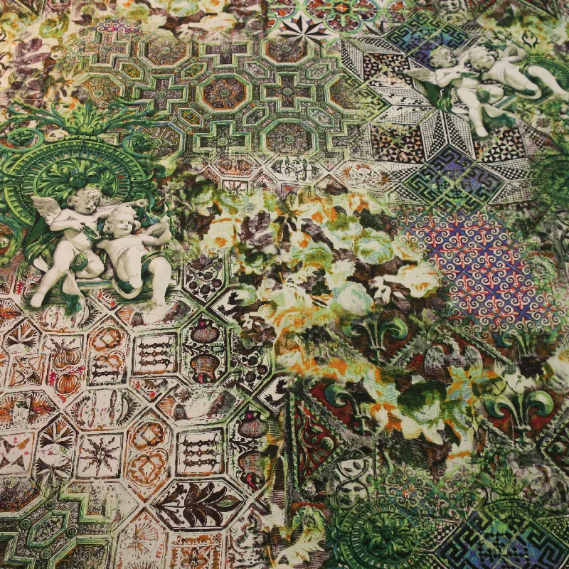 Discount Deals Green and White Symetrical with Angels Printed Silk Charmeuse Fabric Discount Deals Green and White Symetrical with Angels Printed Silk Charmeuse Fabric