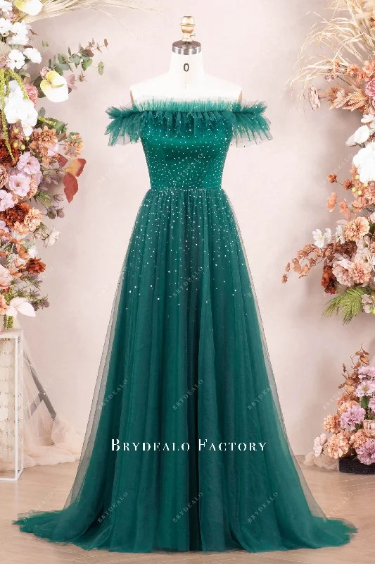 Steals and Deals Green Ruffled Off Shoulder Rhinestone Tulle Prom Dress