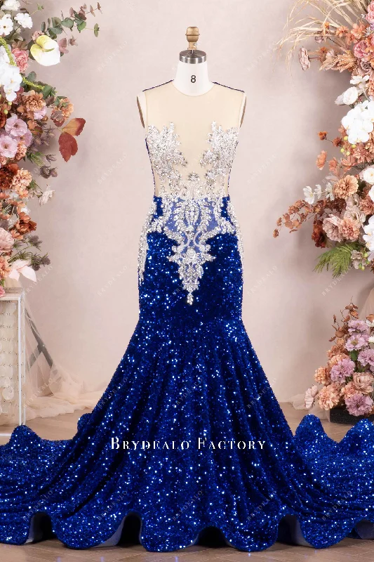 YEAR-End Sale Sparkly Royal Blue Velvet Sequin Mermaid Prom Dress