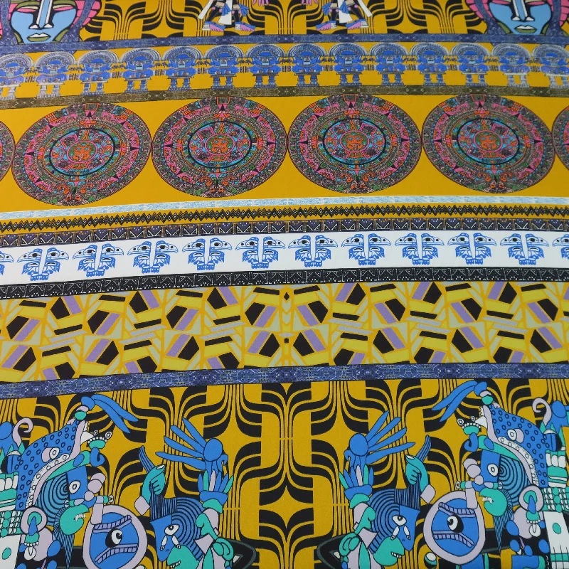 Doorbuster Deal Multicolor Ethnic Mayan Calendar on Yellow Ground Printed Silk Charmeuse Fabric