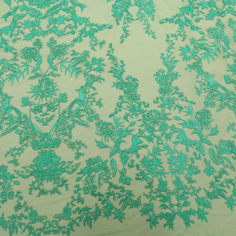 Online Specials Green Floral Embroidered Tulle Fabric