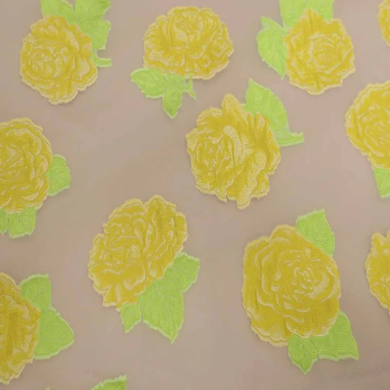 Deal of the Week Yellow And Beige Floral Textured Embroidered Organza Fabric