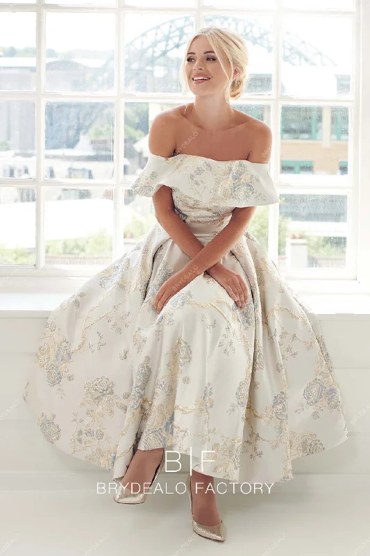 Mega Sale Off Shoulder Brocade Tea Length Chic Short Bridal Dress