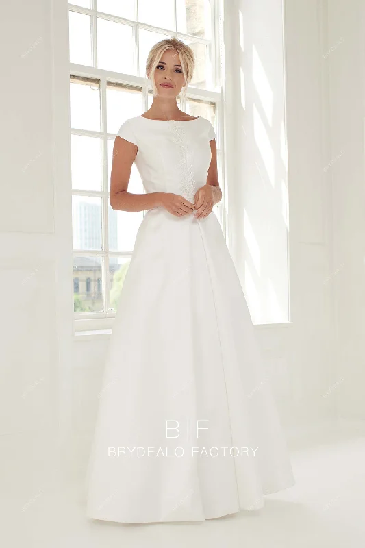 Early Bird Discount Modest Satin Short Sleeves Floor Length A-line Fall Wedding Dress Early Bird Discount Modest Satin Short Sleeves Floor Length A-line Fall Wedding Dress