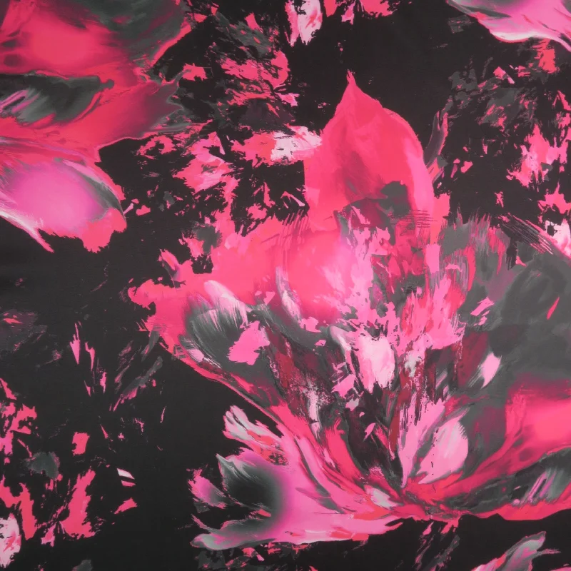 Special Discount Pink Floral on Black Background Printed Polyester Mikado Fabric