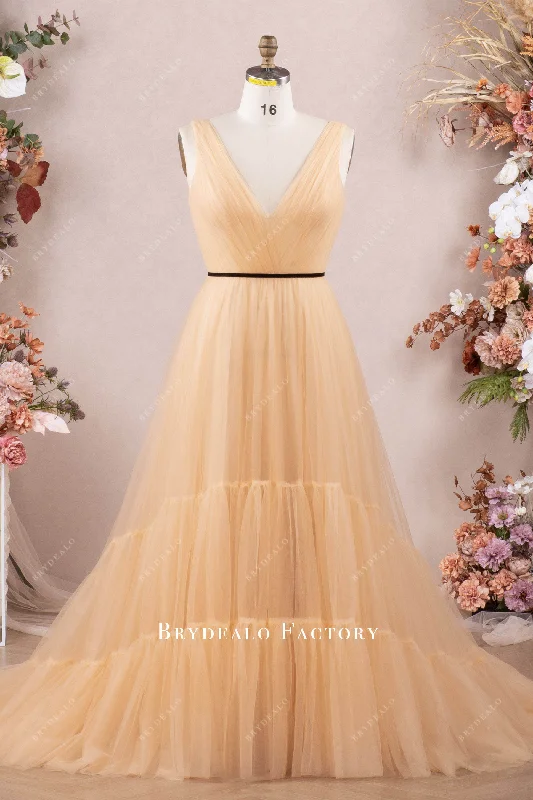 Special Promotion Nude Beige Pleated Tulle Tiered A-line Prom Dress