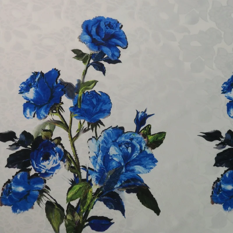 New Deals Blue Floral on White Printed Polyester Mikado Fabric