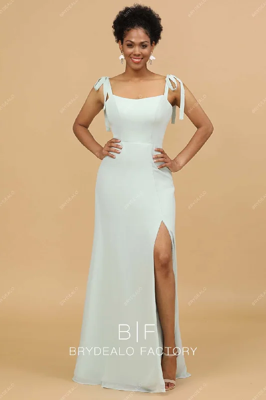 Overstock Shoulder Tie Fit and Flare Slit Chiffon Bridesmaid Dress