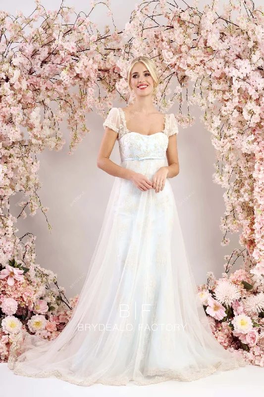 Bargain Prices Champagne Lace Blue Queen Anne Long Bridal Dress with Overskirt