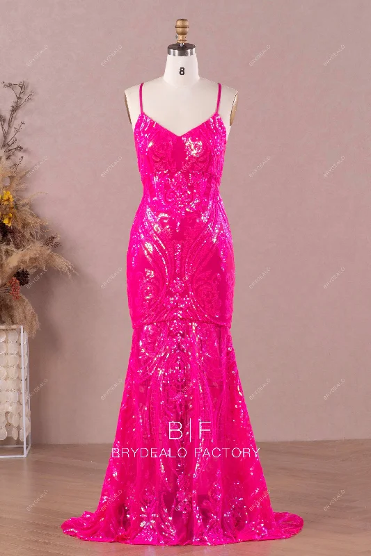 Special Buy Hot Pink Sparkly Sequin Crisscross Back Mermaid Prom Dress
