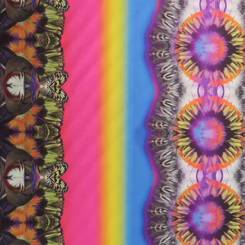 Major Savings Multicolored Feathers on Rainbow Printed Polyester Mikado Fabric