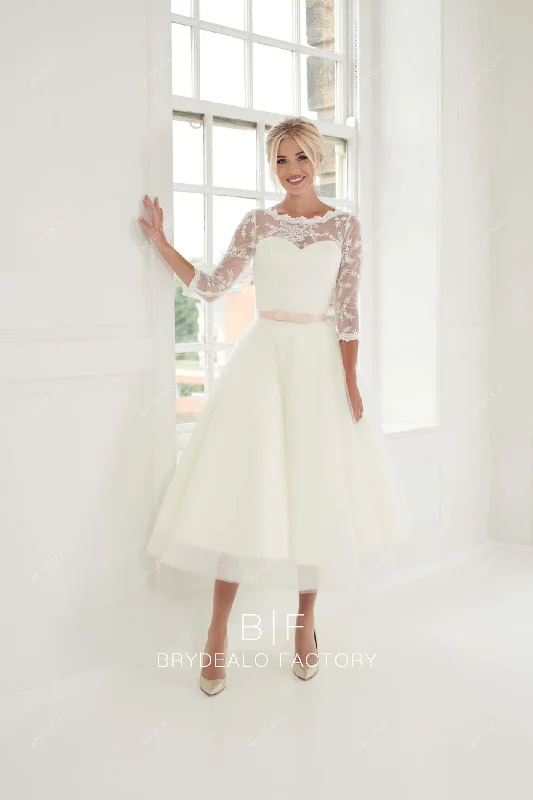 Don't Wait Vintage Tea Length Lace Tulle Chic Puffy A-line Bridal Dress