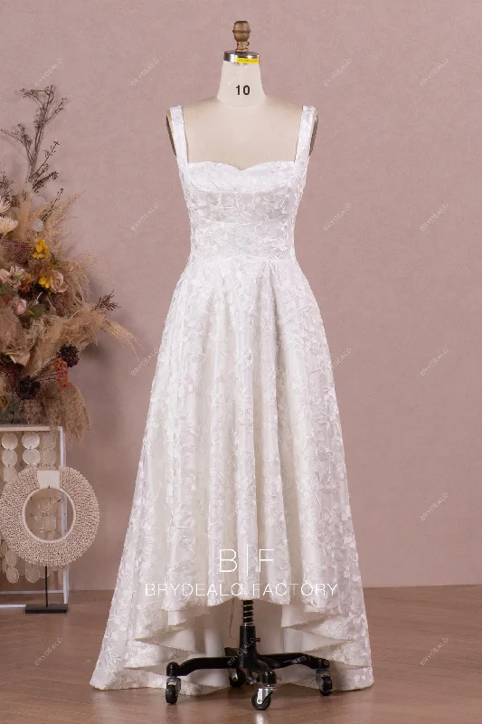 Daily Specials Designer Lace High-Low Sleeveless Vintage Straps Pockets Bridal Dress Daily Specials Designer Lace High-Low Sleeveless Vintage Straps Pockets Bridal Dress