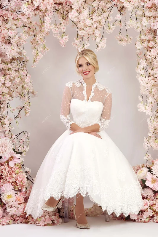 Special Buy Elegant Dot Tulle 3/4 Sleeves Tea Length City Wedding Gown