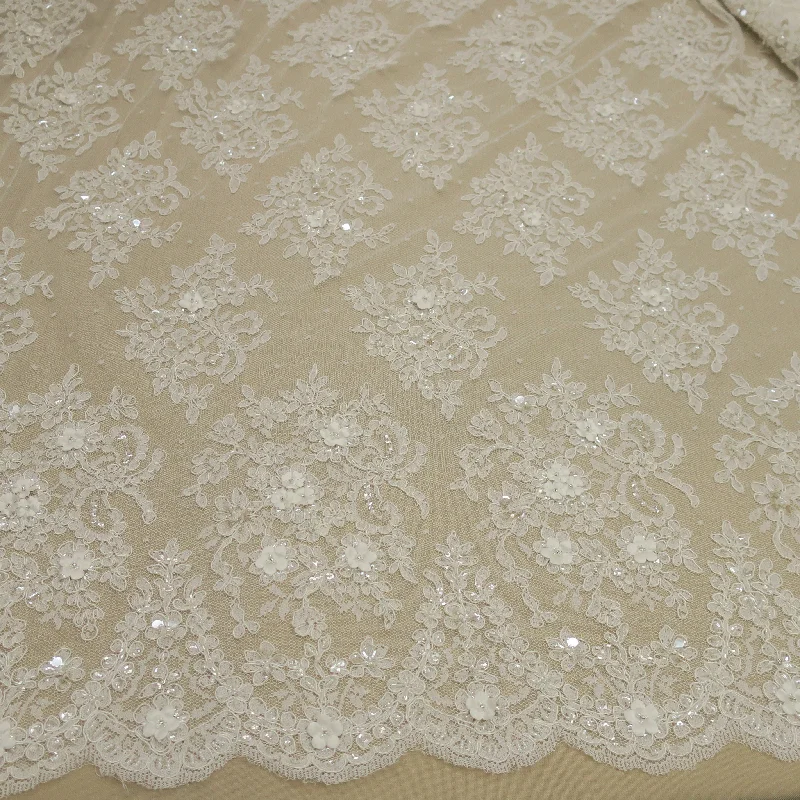 Inventory Reduction White Floral Embroidered Beaded Double-Scalloped Lace