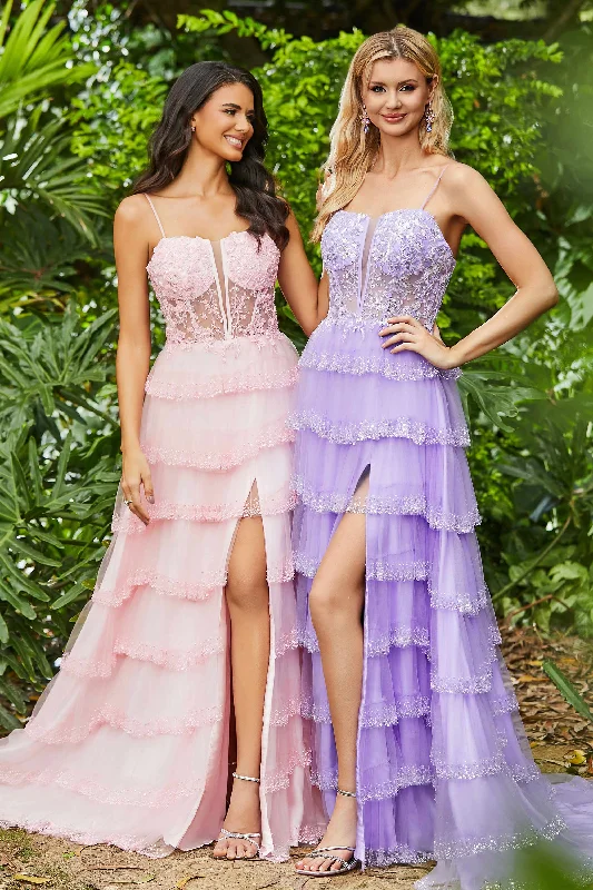 Blowout Sale Sheer Boned Bodice Tiered Gown With Slit