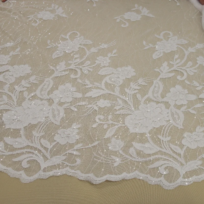 Special Buy White Floral Embroidered Pearl Beaded Double-Scalloped Lace