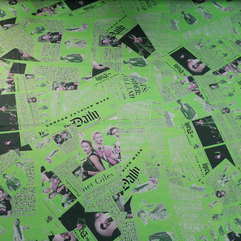 Discount Extravaganza Lime Green Newspaper Printed Silk Charmeuse