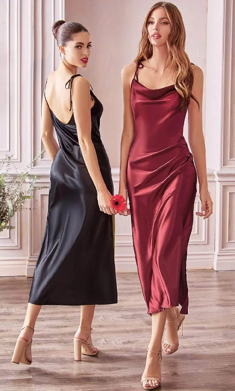 Buy More, Save More Ladivine BD103 - Satin Cowl Neck Sheath Tea-Length Dress