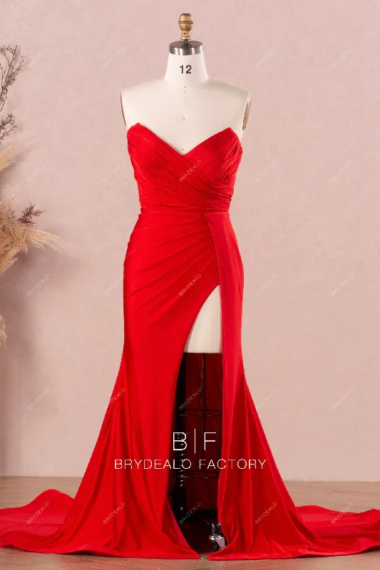 Major Savings Red Strapless Pleated Jersey Mermaid Bridesmaid Dress