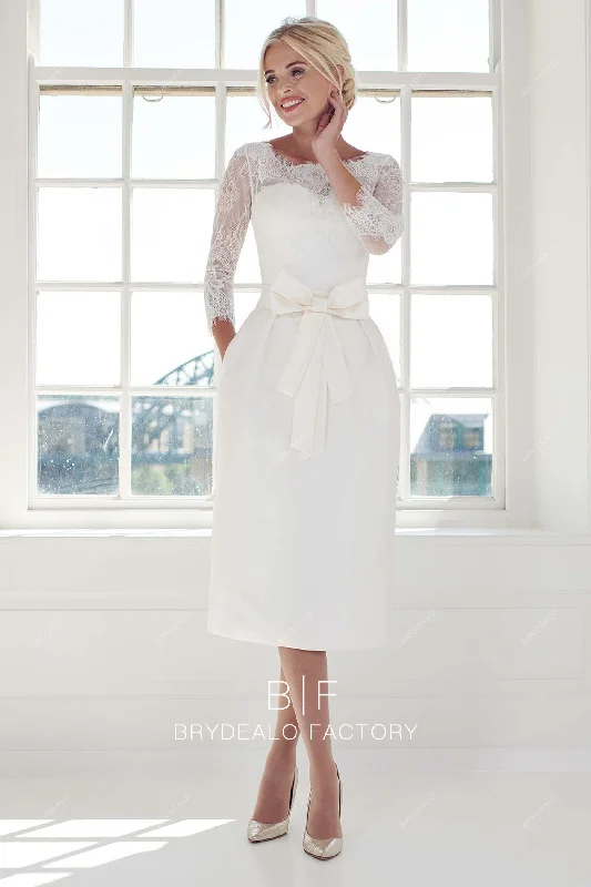 Huge Savings Elegant Lace Sheath Satin Vintage Short Bridal Dress with Pockets