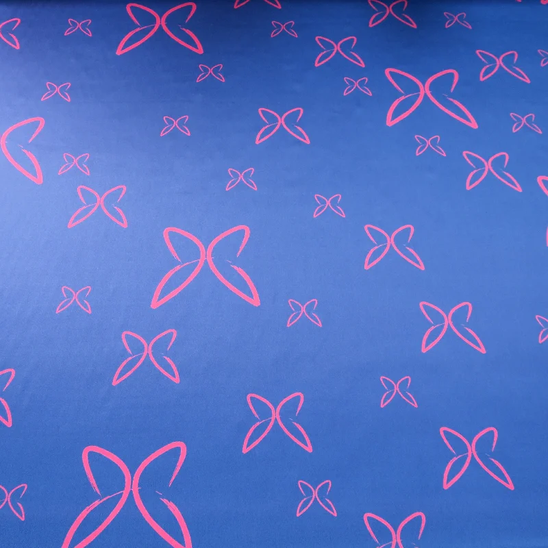 Lowest Price Fuchsia Butterfly on Blue Ground Printed Silk Charmeuse