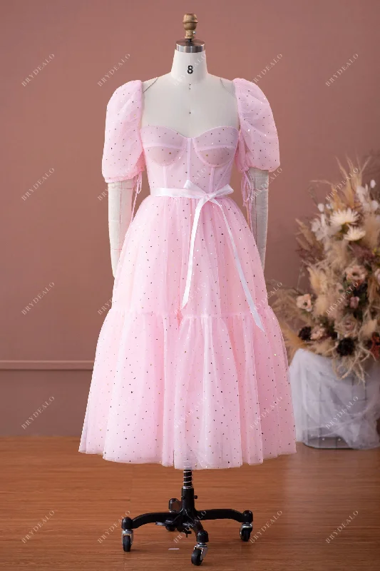 Value Deals Gold Stars Pink Bubble Sleeve Corset Tea Length Prom Dress
