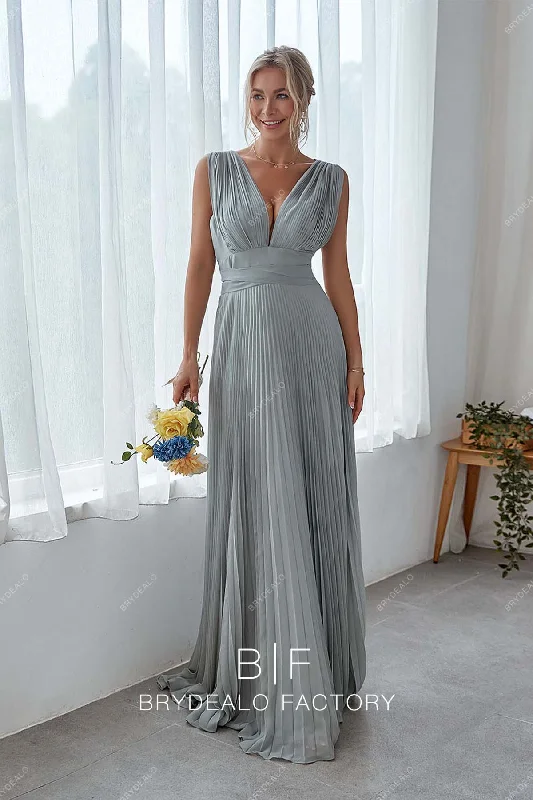 Price Blitz Grey Plunging Neck Empire Pleated Chiffon Bridesmaid Dress