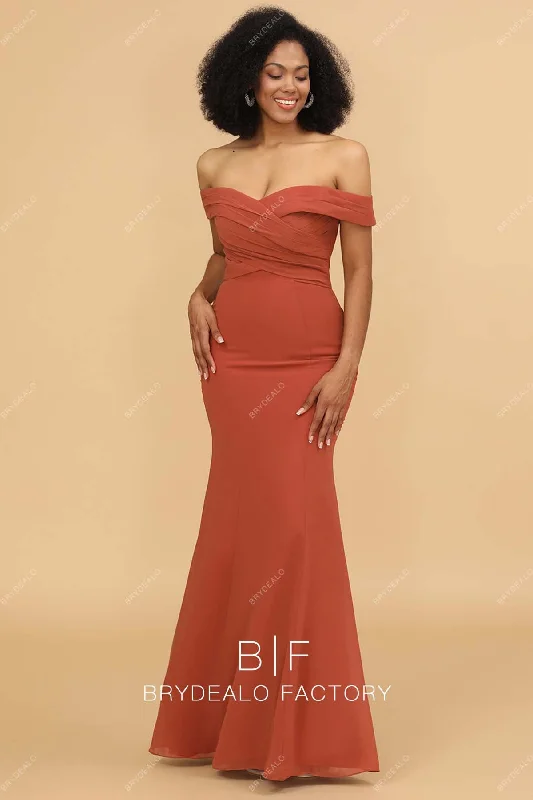 New Arrival Rusty Off-shoulder Crisscross Pleated Chiffon Mermaid Bridesmaid Gown