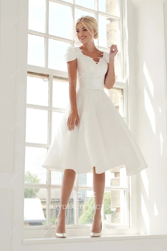 Unmissable Offer Vintage Lace Short Sleeves Satin Tea Length Wedding Gown