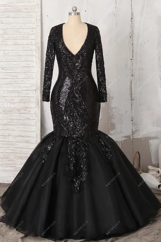 Time-Limited Offer Sparkly Black Sequin Sleeved V-neck Plus Size Prom Dress