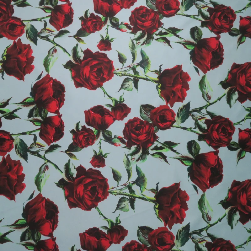 Exclusive Savings Red Roses on Blue Background Printed Polyester Mikado Fabric