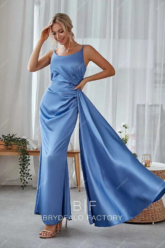 Members Only Blue Scoop Neck Spaghetti Strap Charmeuse Side Streamer Bridesmaid Dress