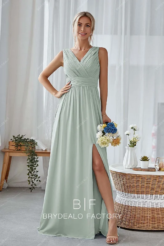 Value Deals Dusty Sage Ruched V-neck Sleeveless Slit Chiffon Bridesmaid Dress
