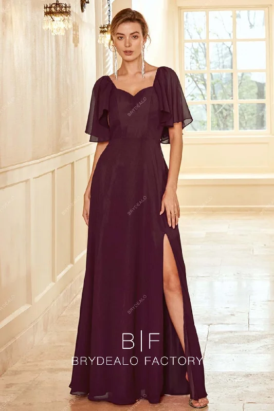 Seasonal Clearance Wine Flutter Sleeves Chiffon Slit A-line Bridesmaid Gown