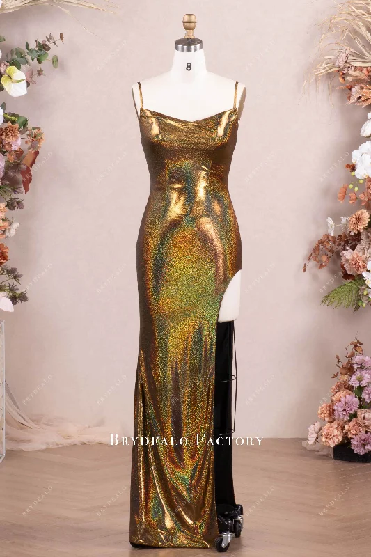 Huge Discounts Gold Galaxy Cowl Neck High Slit Prom Evening Dress