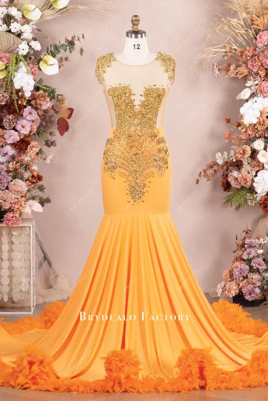 Discount Extravaganza Orange Rhinestone Jersey Long Feather Prom Dress